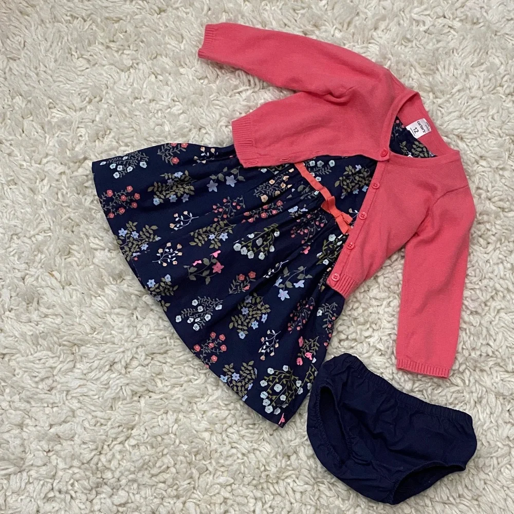 Carters girls size 12 mo 3 pc Navy and Pink Kids Dress, bloomers, sweater